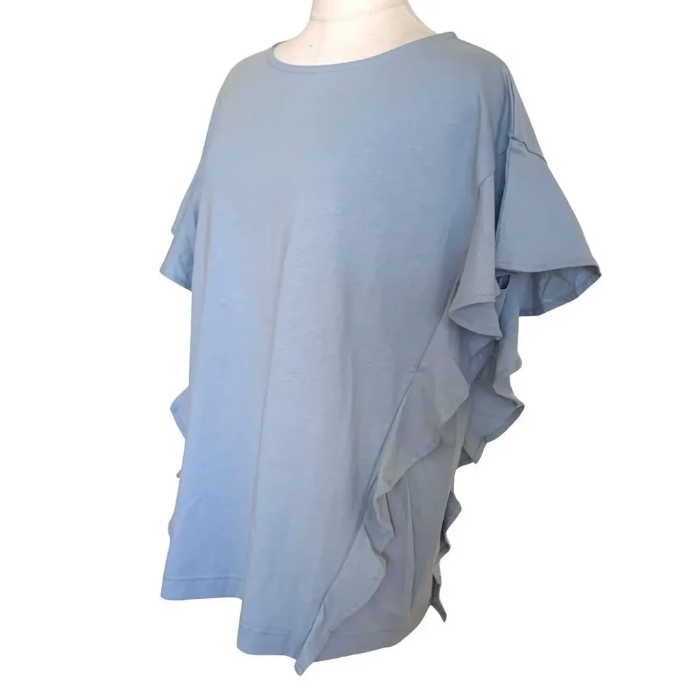 NWT Oversized Light Blue Ruffle Sleeve Top M Loose Fit Cotton Blend - Picture 2 of 5